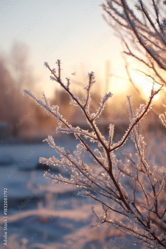Obraz premium Beautiful winter morning nature landscape close up of hoarfrost covered tree branches glittering in golden sunrise light and frosty air tranquil seasonal background