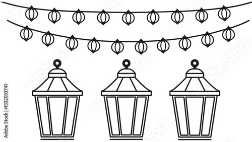 Illustration of three lanterns and string lights in black and white