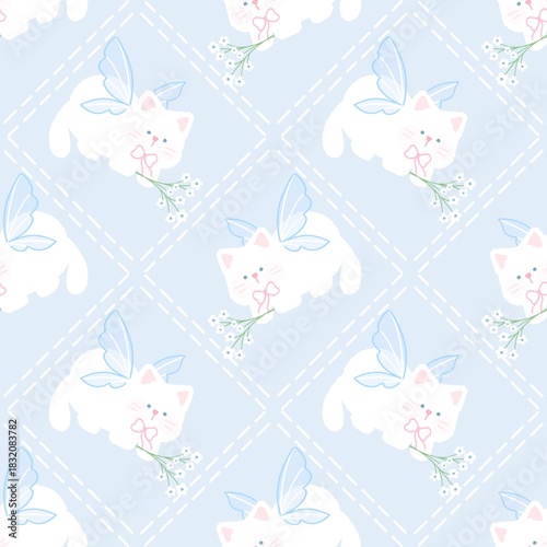 A cute pastel coquette seamless pattern featuring soft ribbons, bows, hearts, and delicate decorative elements. Perfect for gift wrapping, scrapbook paper, stationery design, textile prints, and girly
