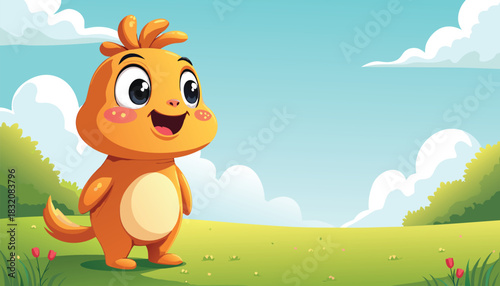 Happy Cartoon Chick in a Bright Meadow