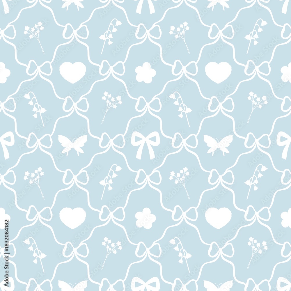 Fototapeta premium A cute pastel coquette seamless pattern featuring soft ribbons, bows, hearts, and delicate decorative elements. Perfect for gift wrapping, scrapbook paper, stationery design, textile prints, and girly
