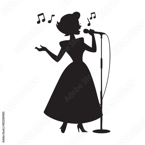 Female singer silhouette performing live with a microphone art Vector