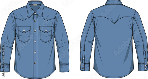 Denim shirt technical fashion sketch, front and back view, button-down design, garment flat drawing, apparel template, clothing illustration, vector