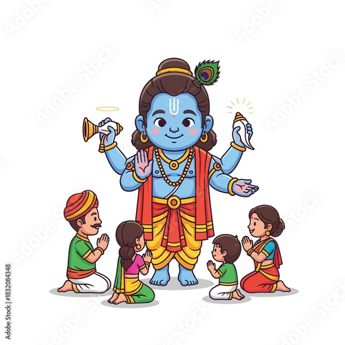 Devotees reverently praying to Lord Krishna, seeking blessings in a colorful illustration of devotion and faith with spiritual tradition