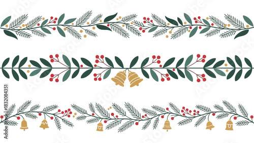 Three christmas borders with bells berries and evergreen branches