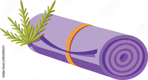Rolled up purple yoga mat with green sprigs