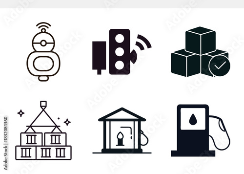 A set of modern vector icons illustrating smart technology, logistics, and energy infrastructure, featuring smart devices, traffic lights, shipping containers, and fuel stations