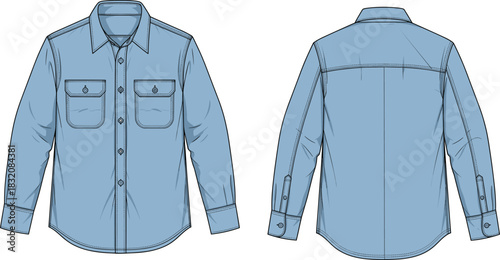 Long sleeve button-up shirt technical fashion sketch, front and back view, garment flat drawing, apparel design template, clothing illustration, vector