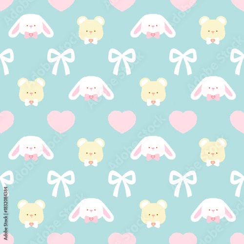 A cute pastel coquette seamless pattern featuring soft ribbons, bows, hearts, and delicate decorative elements. Perfect for gift wrapping, scrapbook paper, stationery design, textile prints, and girly