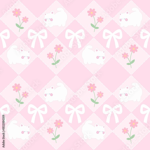 A cute pastel coquette seamless pattern featuring soft ribbons, bows, hearts, and delicate decorative elements. Perfect for gift wrapping, scrapbook paper, stationery design, textile prints, and girly