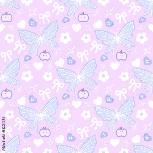 A cute pastel coquette seamless pattern featuring soft ribbons, bows, hearts, and delicate decorative elements. Perfect for gift wrapping, scrapbook paper, stationery design, textile prints, and girly