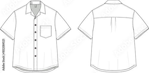 Short-sleeve button-up shirt technical fashion sketch, front and back view, garment flat drawing, apparel template, clothing illustration, vector