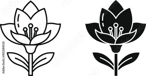 Vactor Black and white line art and silhouette of a stylized flower with stem and leaves
