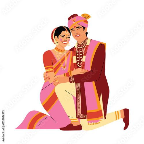Romantic Indian Wedding Couple in Traditional Attire – Kneeling Pose Vector Illustration