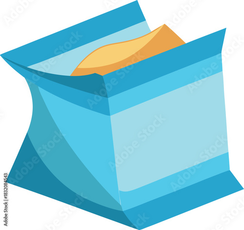Open blue bag of potato chips isolated on white background