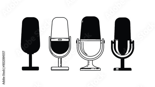 Four microphones in a row with different designs on a white background