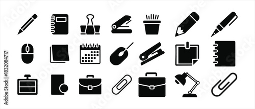Office Supplies and Stationery Set Solid Black Icons for Business Productivity