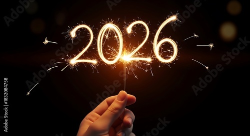 Sparkling number 2026 written in the dark with a hand holding a sparkler