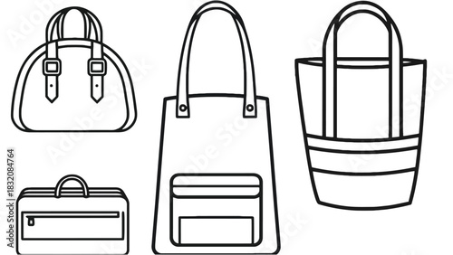 Illustration of four different types of bags in a line art style