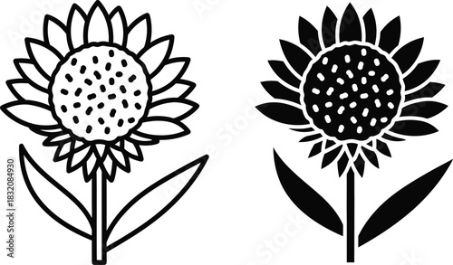 Vactor Black and white line art and silhouette of a sunflower with two leaves vector