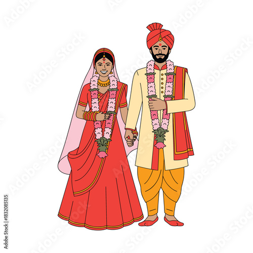 Traditional Indian Wedding Couple with Floral Garlands – Vector Illustration