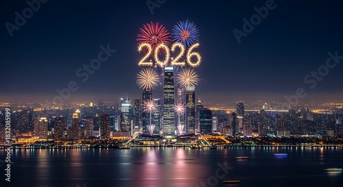 Spectacular new year s eve fireworks illuminate the sky above a modern city skyline in 2026