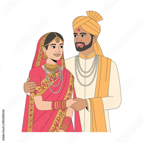 Traditional Indian Wedding Couple in Cultural Attire – Vector Portrait Illustration