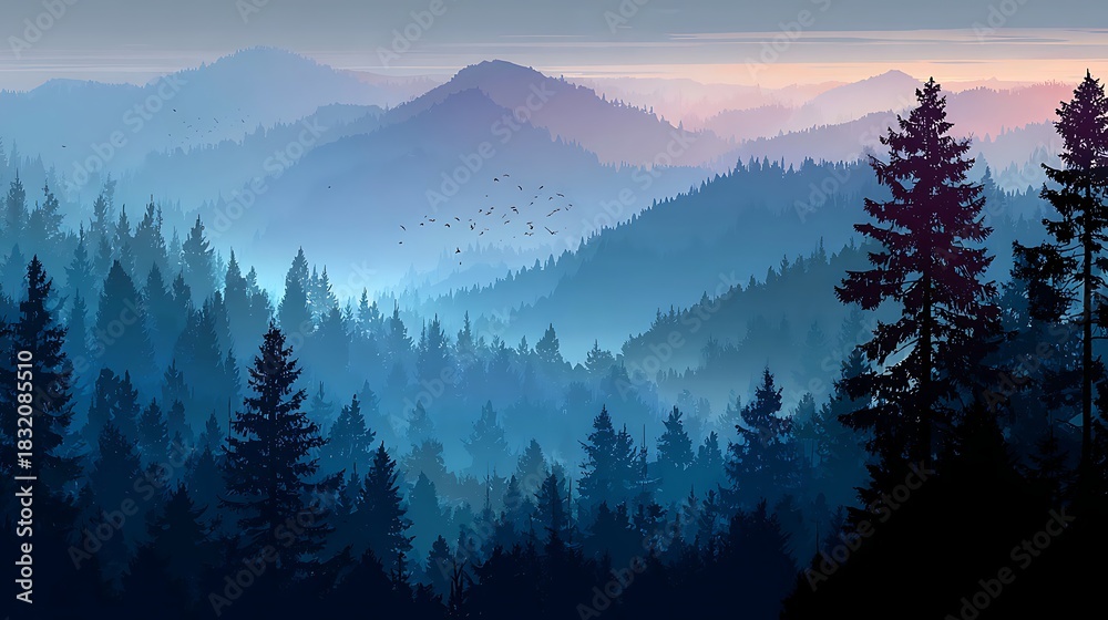 Obraz premium Misty Mountain Landscape With Evergreen Forest and Birds nature mountains