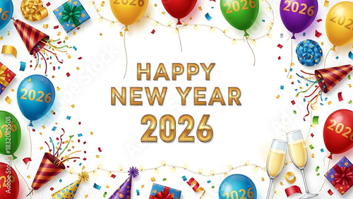 Festive New Year 2026 Celebration with Balloons and Party Favors