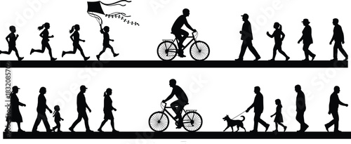 Outdoor activity silhouettes, walking, cycling, running, kite flying, dog walking, family interaction, public space movement, black icons, flat vector
