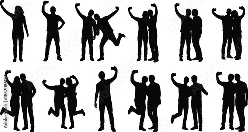 Selfie silhouettes of people posing, taking photos, joyful expressions, modern lifestyle, smartphone activity, black icons, social trend, flat vector