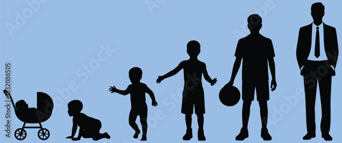 male life stages silhouette boy to man evolution timeline illustrating physical development aging process and maturity stages, suitable for psychology resources healthcare communication visual storyte