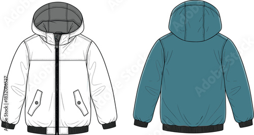 Hooded jacket technical fashion sketch, front and back view, flap pockets, ribbed cuffs and hem, garment flat drawing, apparel vector
