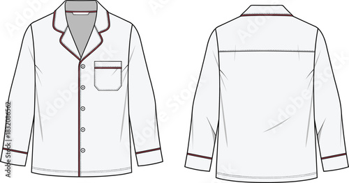 Pajama top technical fashion sketch, front and back view, button-down design, garment flat drawing, apparel template, clothing illustration, vector