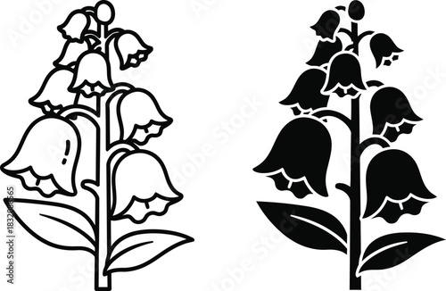 Vactor Black and white line art and silhouette of lily of the valley flowers plant botanical