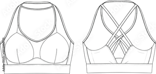 Sports bra technical fashion sketch, front and back view, crisscross strap design, ruched bust detail, garment flat drawing, apparel vector