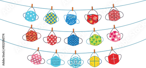 Colorful face masks hanging on clothesline, patterned designs, protective gear, health safety, pandemic accessory, creative display, flat vector