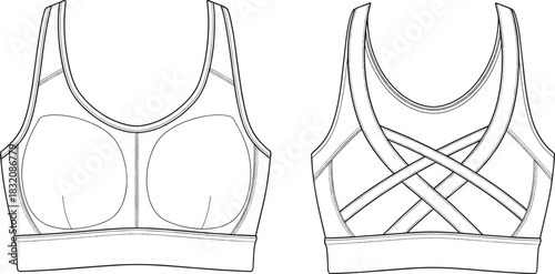 Sports bra technical fashion sketch, front and back view, scoop neckline, crisscross strap design, garment flat drawing, apparel template, vector