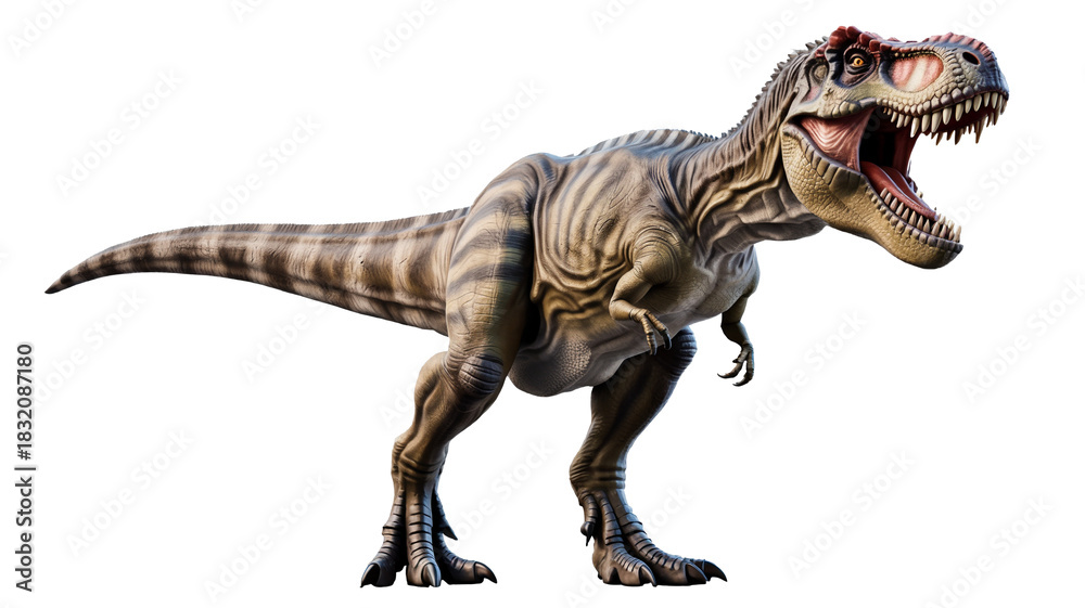 Fototapeta premium Roaring Tyrannosaurus Rex with open mouth showing sharp teeth ready for prehistoric adventures and stories