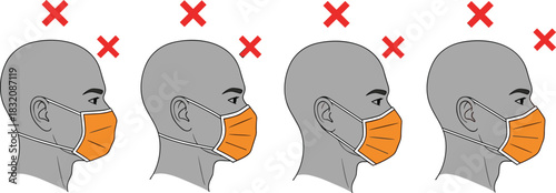 Incorrect face mask wearing examples, health safety awareness, improper usage illustration, hygiene guidance, pandemic protection concept, black icons, flat vector