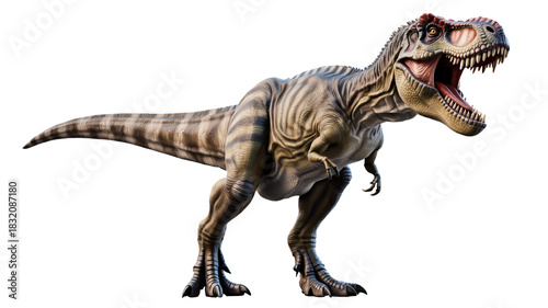 Roaring Tyrannosaurus Rex with open mouth showing sharp teeth ready for prehistoric adventures and stories