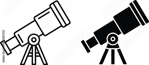 Vactor Black and white line art and solid silhouette icons of a telescope on a tripod