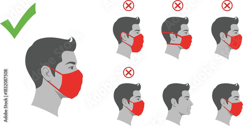 Correct and incorrect face mask usage guide, health safety illustration, proper protection, hygiene awareness, pandemic education, black icons, flat vector