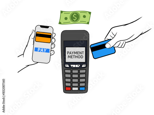 Cartoon graphic illustrating modern payment methods: contactless tap, card swipe, and cash. Ideal for financial technology (Fintech) ads, banking apps, and point-of-sale systems