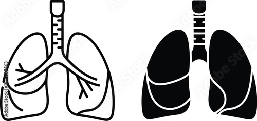 Vactor Black and white line art and solid silhouette icons of human lungs and trachea