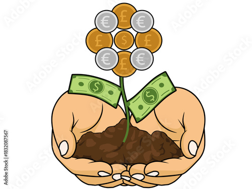 cartoon illustration of hands holding soil with a money flower growing, representing investment, financial growth, and long-term savings strategies.
