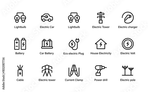 Electrical power icons. Highlight energy equipment, charging parts, wiring elements, renewable functions, and high voltage components