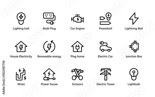 Electrical energy icons. Modern charging elements, power devices, renewable symbols, wiring components, and essential utility tools