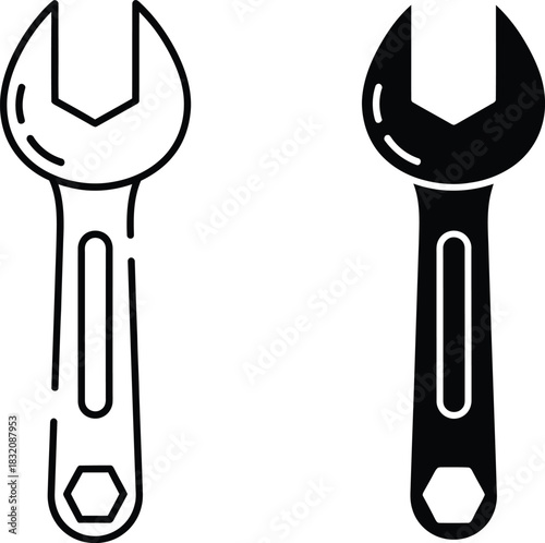 Vactor Black and white line art and solid silhouette of a wrench tool spanner hardware