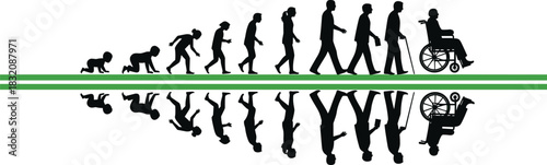 Human life stages silhouettes, baby to elderly, aging process, development timeline, reflection concept, growth journey, black icons, flat vector